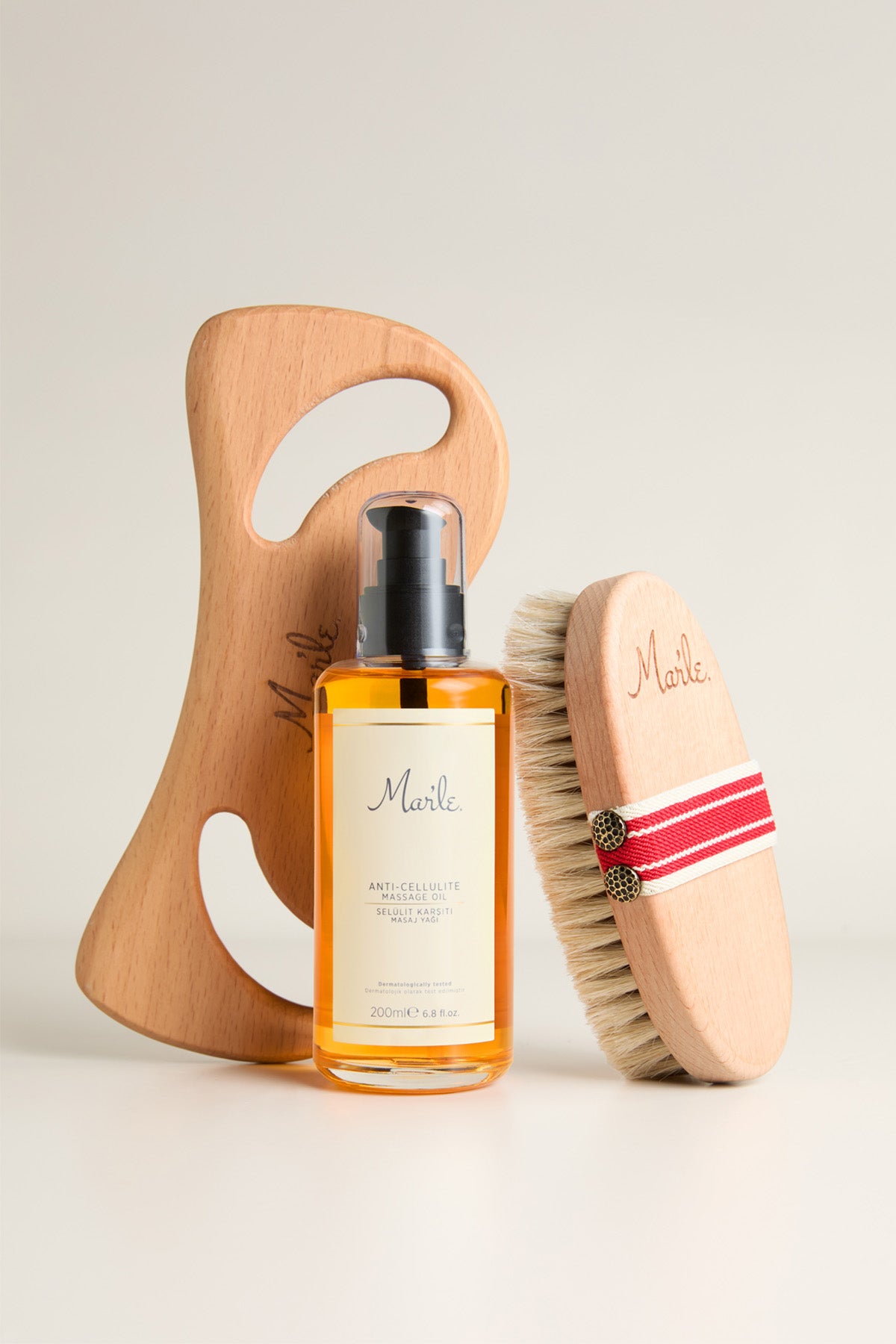 Mar’le Doğal At Kılı Fırçası + Selülit Karşıtı Masaj Yağı 200 ML + Ahşap Masaj Aleti 3’lü Selülit Bakım Seti